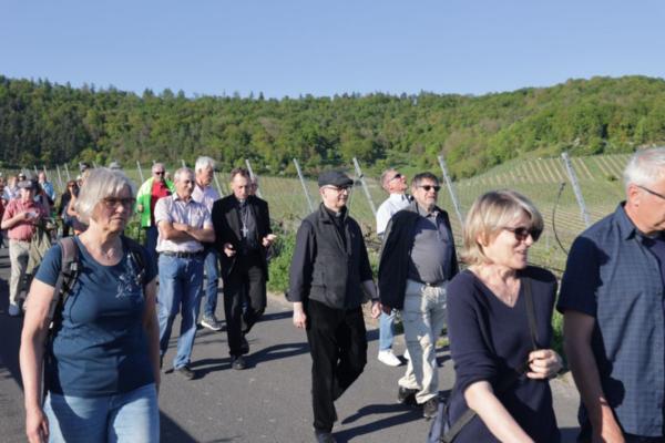 Auf einem bistumsübergreifenden Pilgerweg der Hoffnung sind am Montag, 28. Apri8l, Erzbischof Herwig Gössl (Bamberg) und Bischof Dr. Franz Jung (Würzburg) mit rund 200 Gläubigen von Rödelsee durch die Weinberge unterwegs nach Iphofen gewesen.